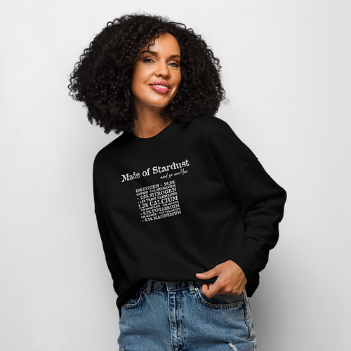 Black organic cotton crewneck sweatshirt with 'Made of Stardust' embroidery