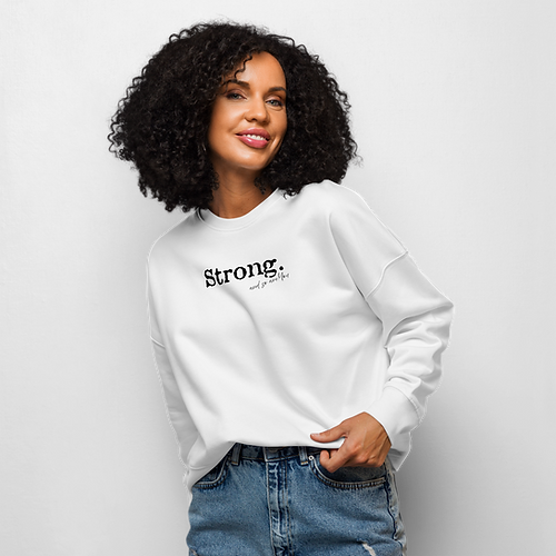 white organic cotton crewneck sweatshirt with 'Strong' embroidery