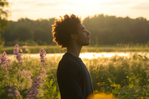 man-standing-calmly-eyes-closed-outdoors
