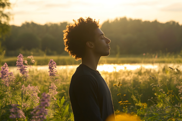 man-standing-calmly-eyes-closed-outdoors