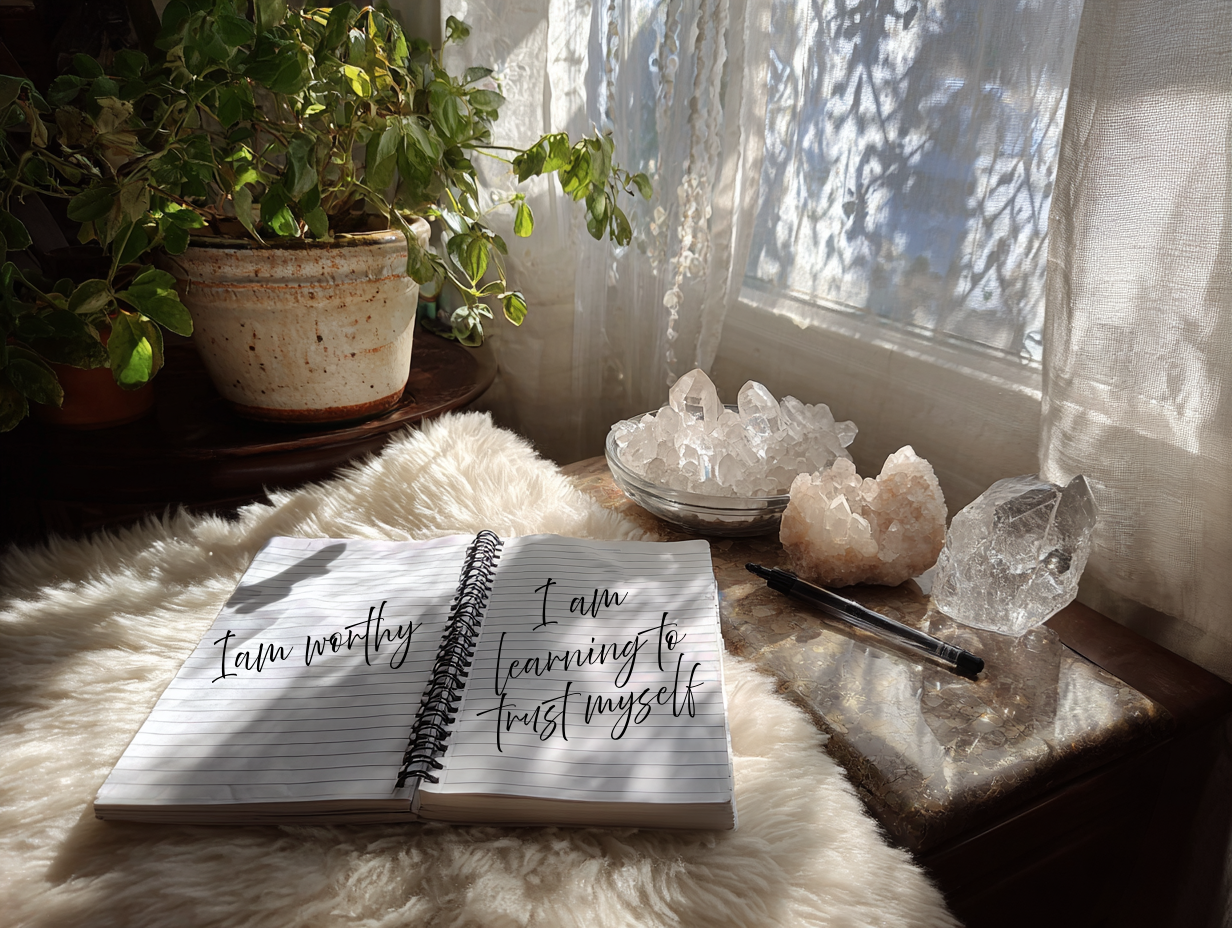 Affirmation-how-they-really-work-blog-journal-crystals-desk-sunlight